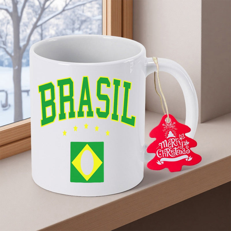 Tailorly White Ceramic 11 oz Mug - Brasil White Ceramic Base Decorated With Vibrant National Flag Colors And Stars Mug