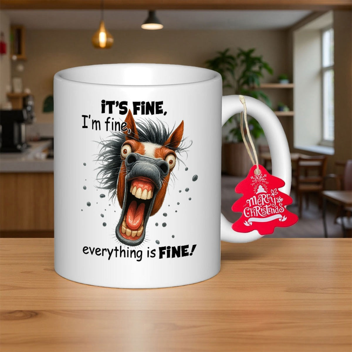 Tailorly White Ceramic 11 oz Mug - Its Fine Im Fine Everything Is Fine Manic Stressed Cartoon Animal With Wide Open Eyes And Ink Splatters Horse
