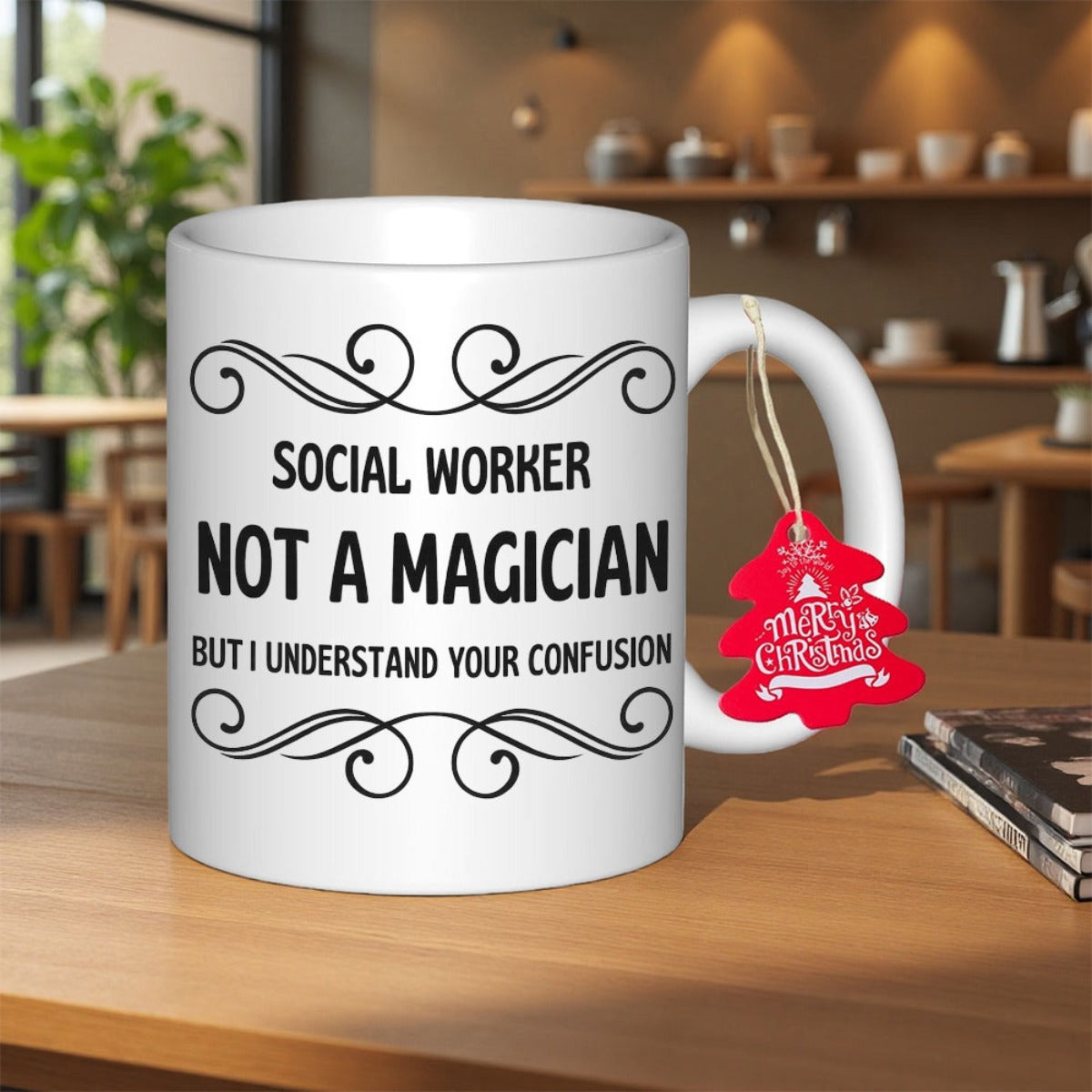 Tailorly White Ceramic 11 oz Mug - Social Worker Not A Magician But I Understand Your Confusion Merry Christmas Elegant Swirling Decorative Lines With A Red