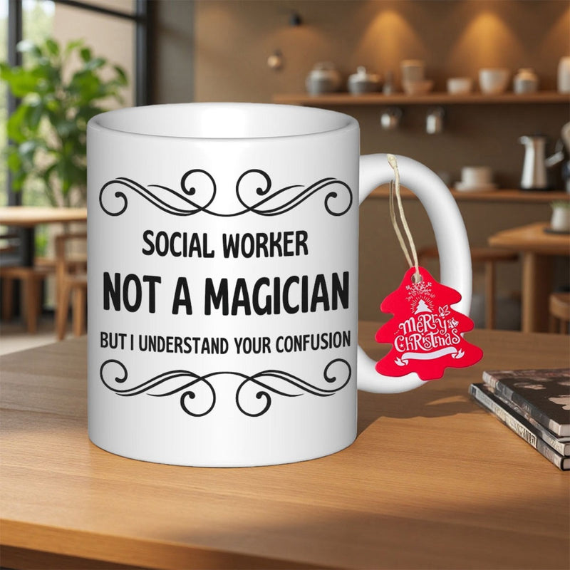 Tailorly White Ceramic 11 oz Mug - Social Worker Not A Magician But I Understand Your Confusion Merry Christmas Elegant Swirling Decorative Lines With A Red