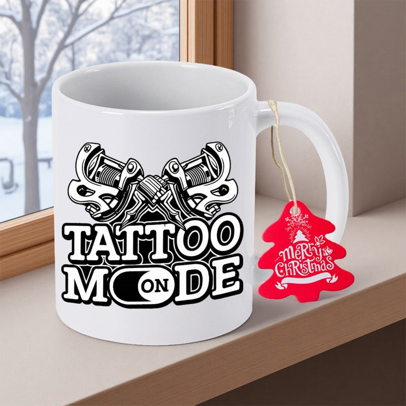 Tailorly White Ceramic 11 oz Mug - Tattoo Mode On Two Detailed Crossed Coil Tattoo Machines With Bold Modern Artistic Lettering Machine