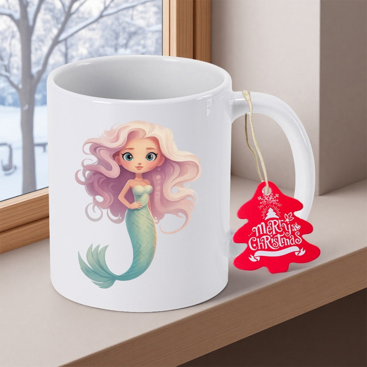Tailorly White Ceramic 11 oz Mug - Merry Christmas Whimsical Illustration Featuring A Sweet Girl With Long Pink Hair Mermaid