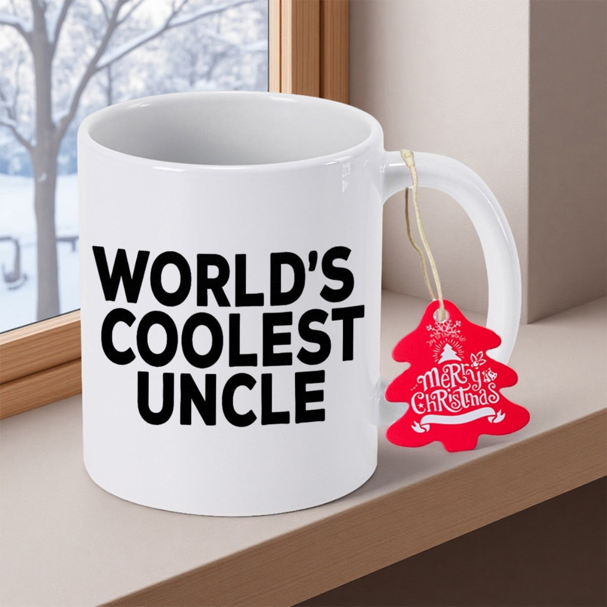 Tailorly White Ceramic 11 oz Mug - Worlds Coolest Uncle Merry Christmas Minimalist White Ceramic Coffee Cup With Festive Red Holiday Tree Decoration Mug