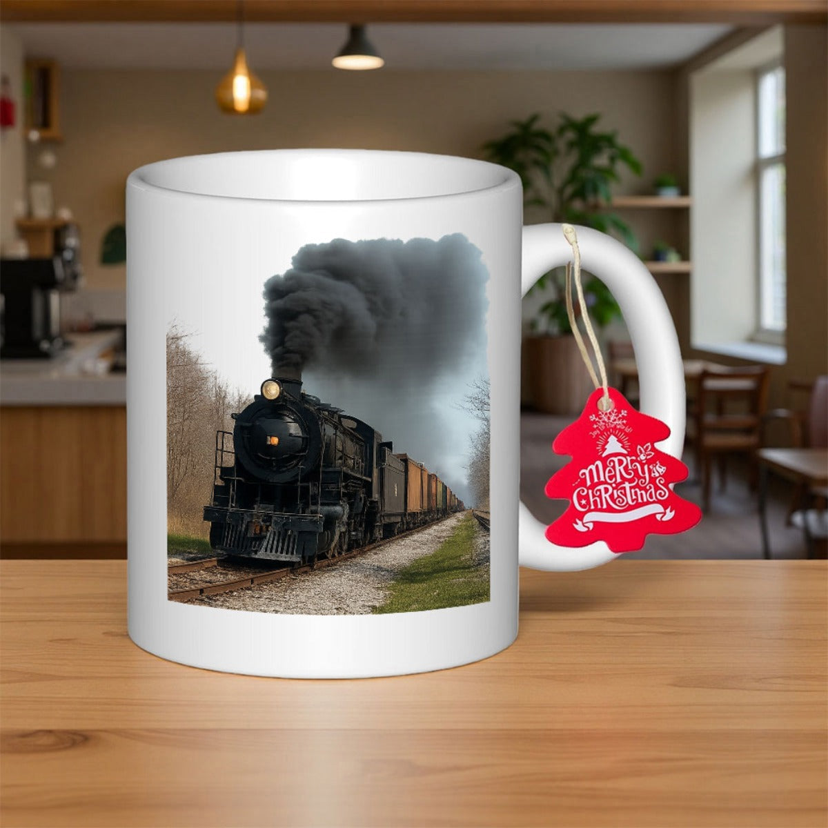 Tailorly White Ceramic 11 oz Mug - Merry Christmas Vintage Steam Locomotive Billowing Thick Dark Smoke Along Tracks Train