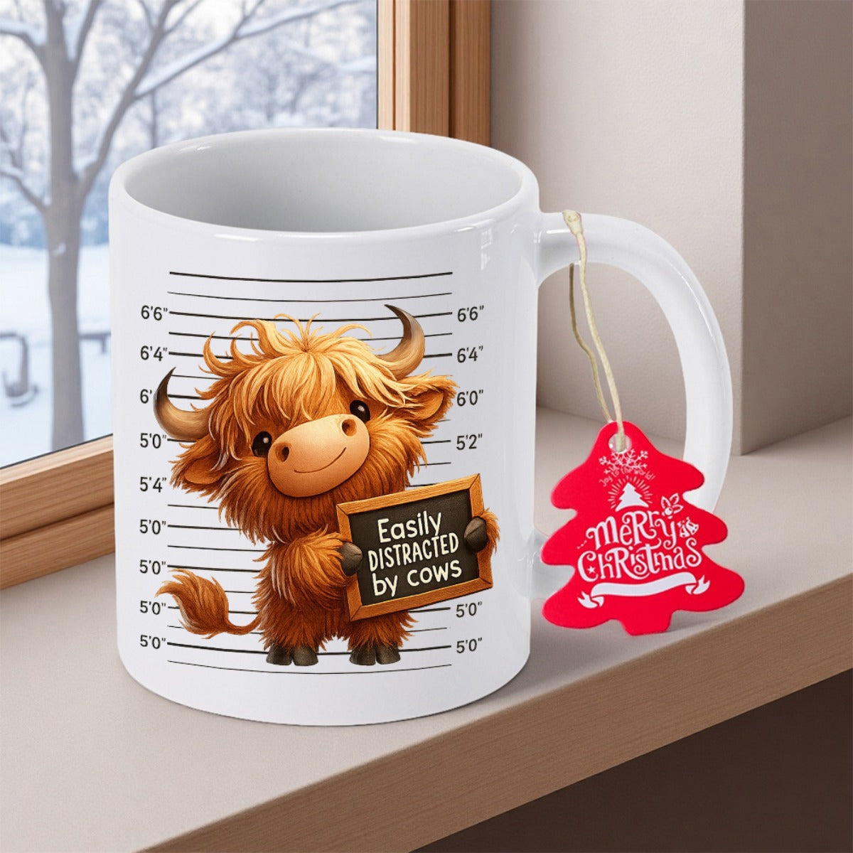 Tailorly White Ceramic 11 oz Mug - Easily Distracted By Cows Adorable Fluffy Brown Highland Cattle Standing Against Height Chart Measurement Background Cow