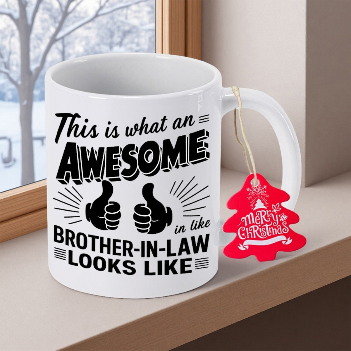 Tailorly White Ceramic 11 oz Mug - This Is What An Awesome Brother In Law Looks Like Bold Typography With Two Thumbs Up Gestures Mug