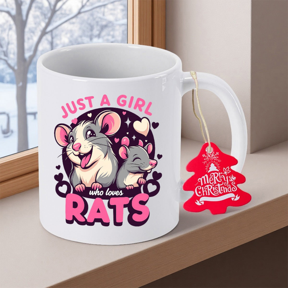 Tailorly White Ceramic 11 oz Mug - Just A Girl Rats Two Cute Cartoon Animals With Pink Hearts Among Sparkling Stars Rat