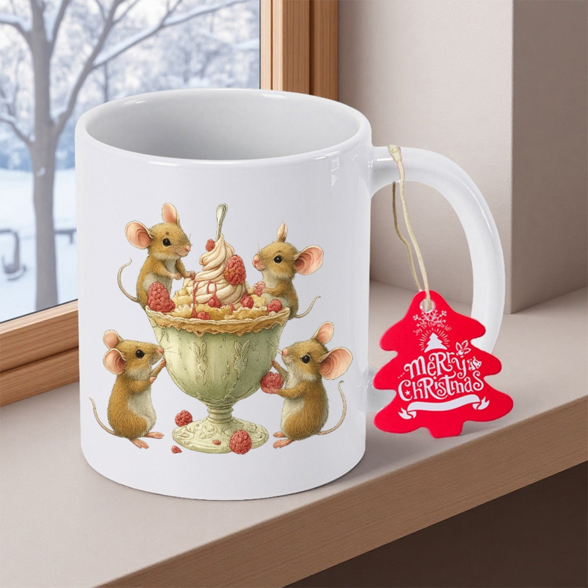 Tailorly White Ceramic 11 oz Mug - Merry Christmas Tiny Cute Mice Gathering Around A Large Sweet Creamy Berry Dessert Mouse