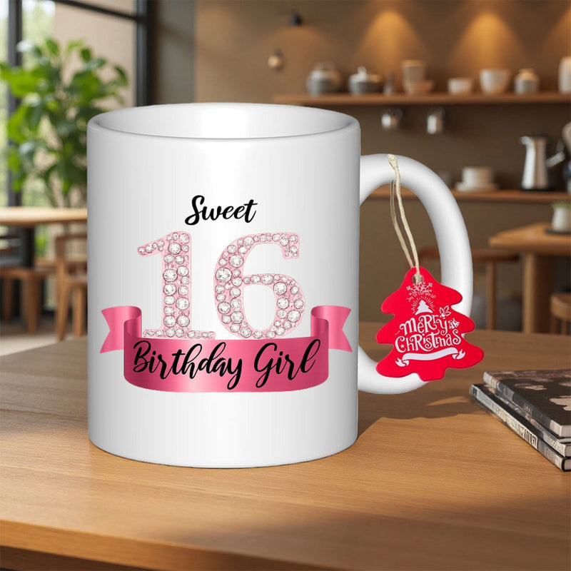 Tailorly White Ceramic 11 oz Mug - Sweet 16 Birthday Girl Elegant Pink Ribbon Banner With Polka Dot Decorated Festive Sixteen