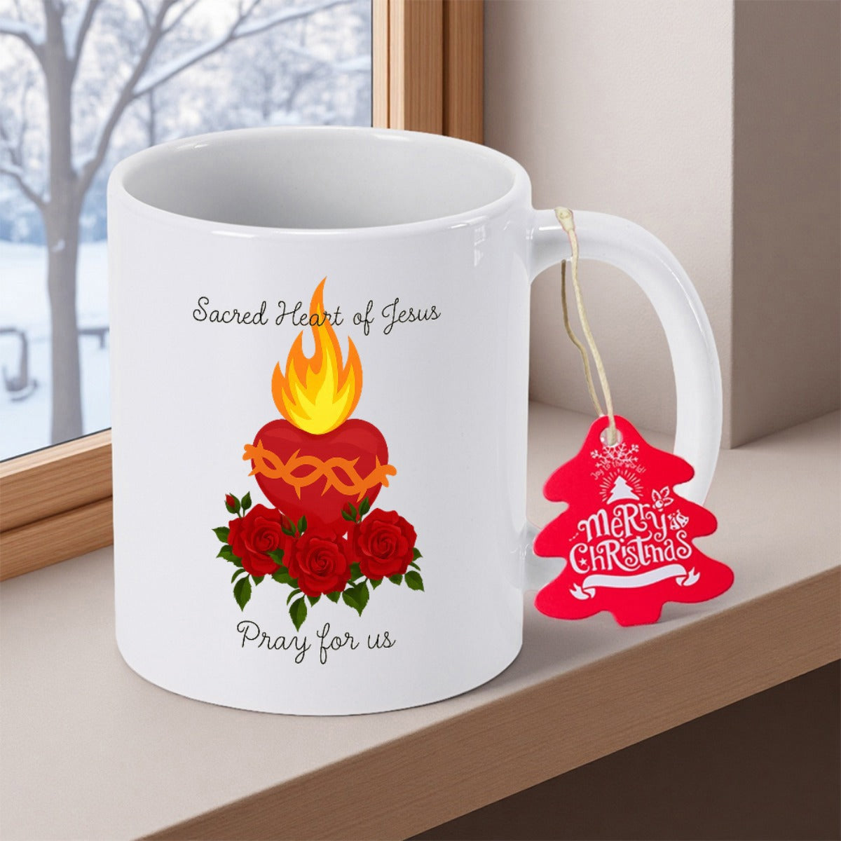 Tailorly White Ceramic 11 oz Mug - Sacred Heart Of Jesus Pray For Us Radiant Flaming Red Symbol Among Beautiful Blossoming Garden Heart