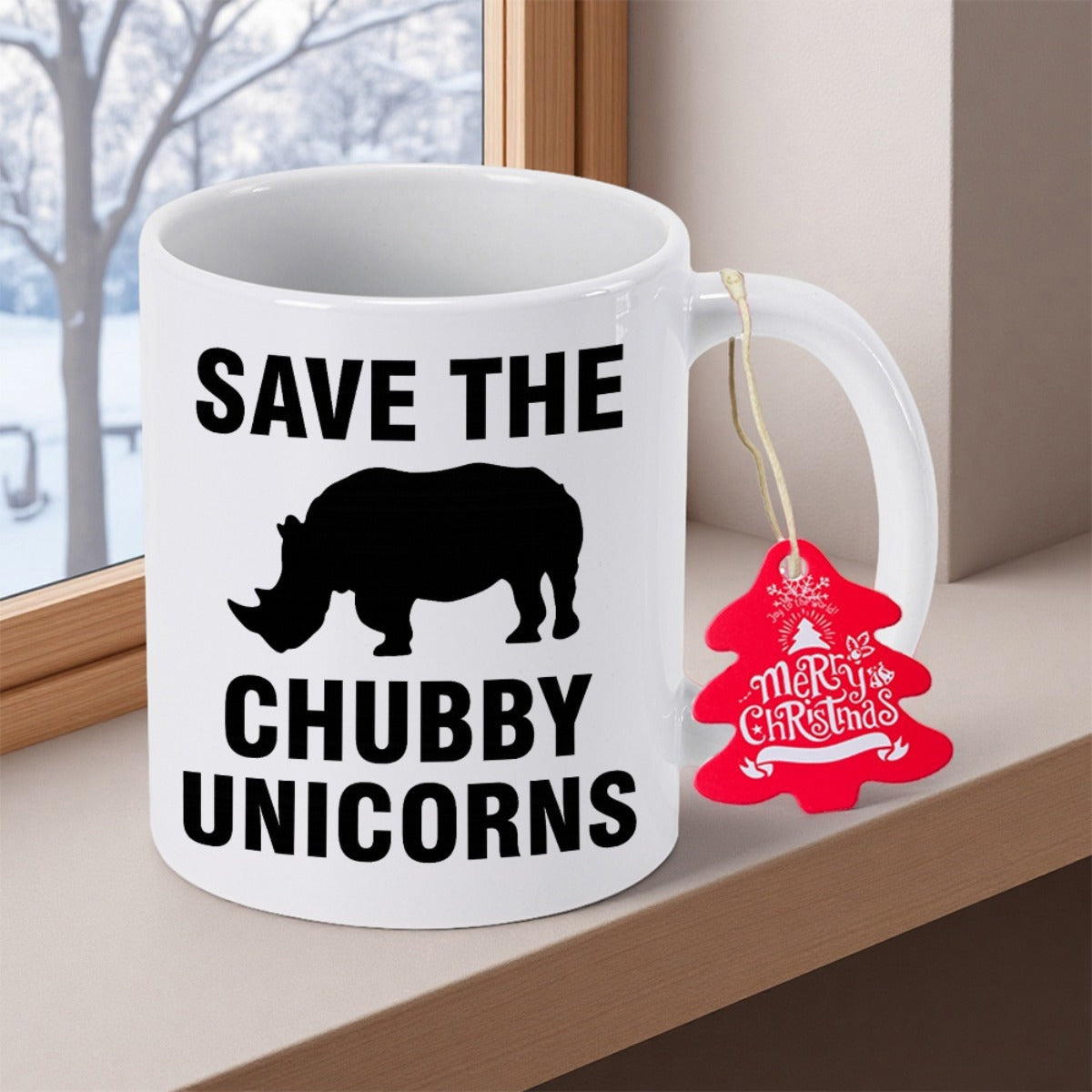 Tailorly White Ceramic 11 oz Mug - Save The Chubby Unicorns Bold Black Minimalist Silhouette Of A Wild Standing African Animal Rhinoceros