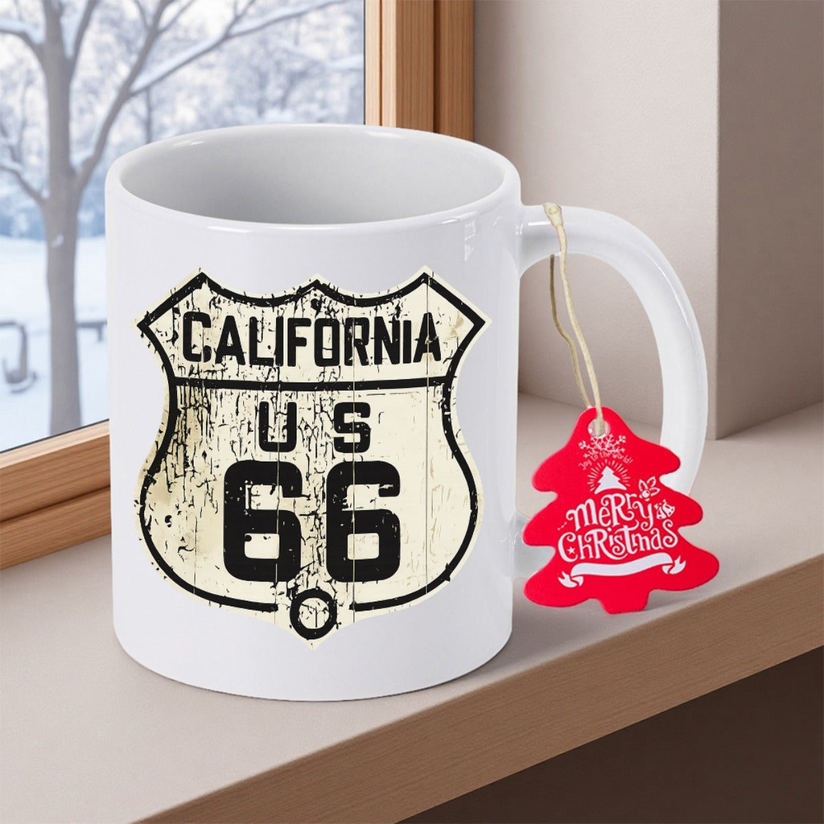 Tailorly White Ceramic 11 oz Mug - California Us 66 Distressed Vintage Retro Shield Highway Road Sign