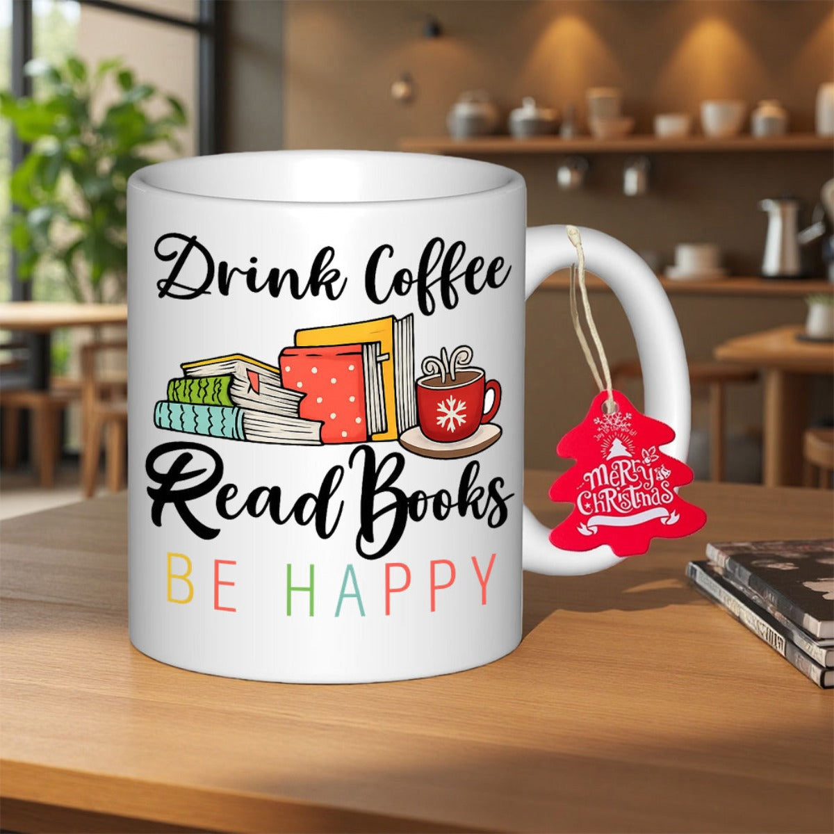 Tailorly White Ceramic 11 oz Mug - Drink Coffee Read Books Be Happy Cozy Colorful Stack Of Books Beside Warm Steaming Cocoa Books