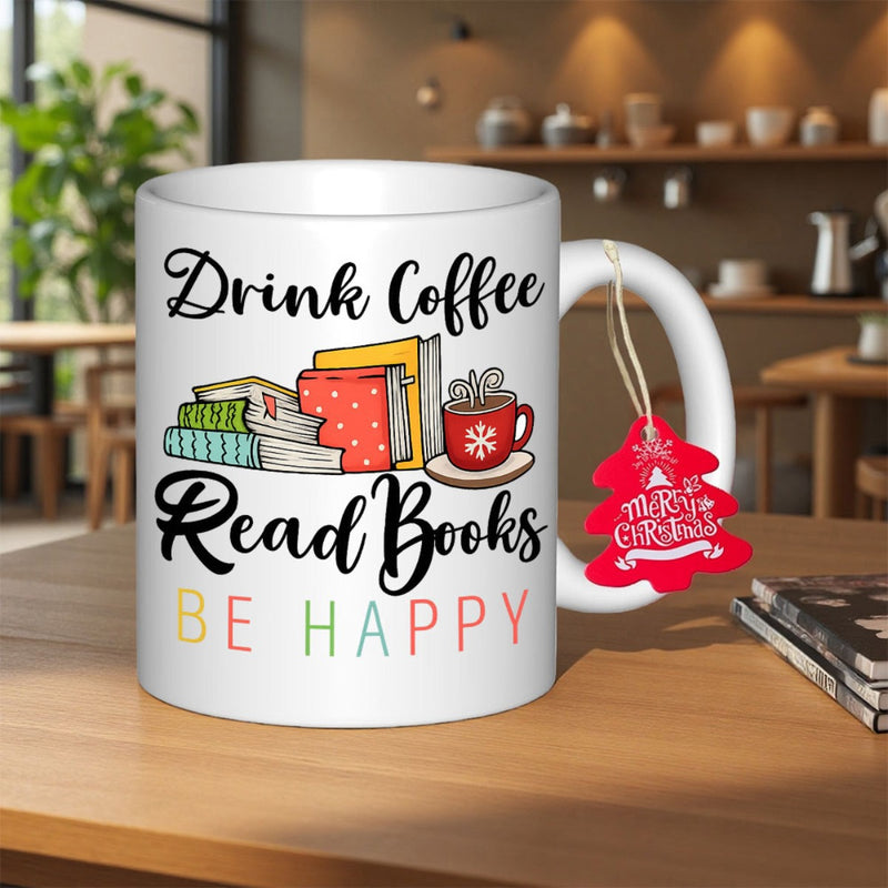 Tailorly White Ceramic 11 oz Mug - Drink Coffee Read Books Be Happy Cozy Colorful Stack Of Books Beside Warm Steaming Cocoa Books