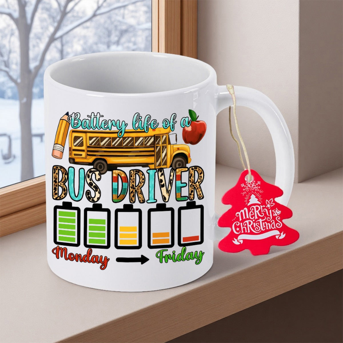 Tailorly White Ceramic 11 oz Mug - Battery Life Of A Bus Driver Monday Friday Yellow School Bus With Academic Icons And Decreasing Battery Levels School Bus