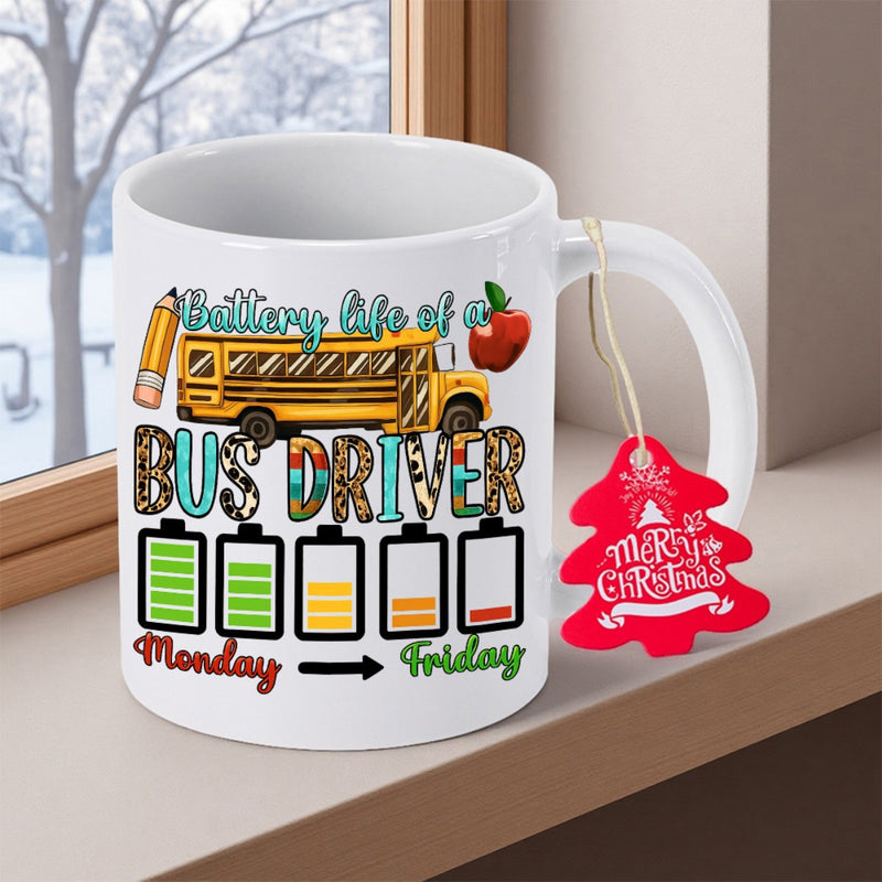 Tailorly White Ceramic 11 oz Mug - Battery Life Of A Bus Driver Monday Friday Yellow School Bus With Academic Icons And Decreasing Battery Levels School Bus