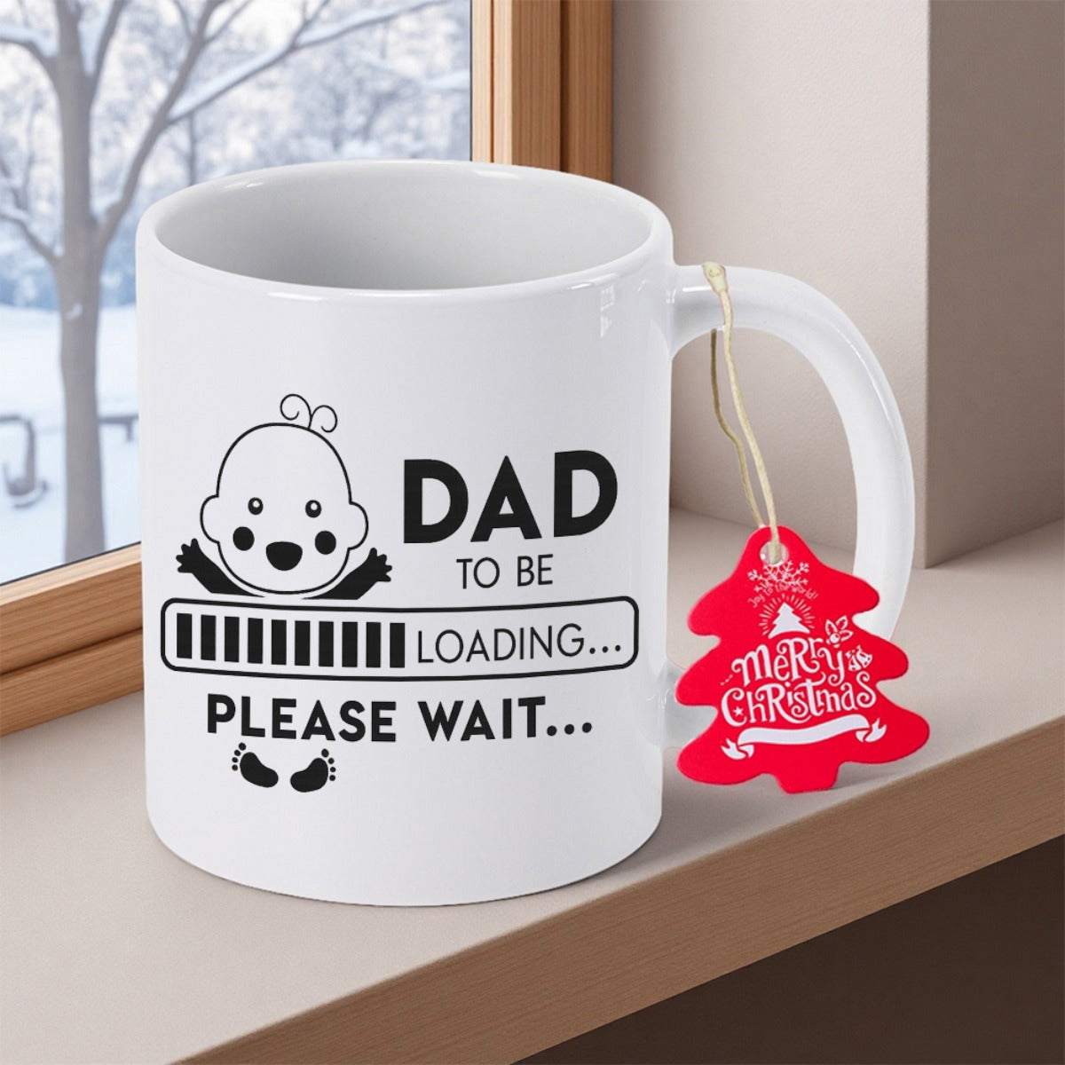 Tailorly White Ceramic 11 oz Mug - Dad To Be Loading Please Wait Minimalist Line Art Style With Loading Progress Bar And Tiny Footprints Baby