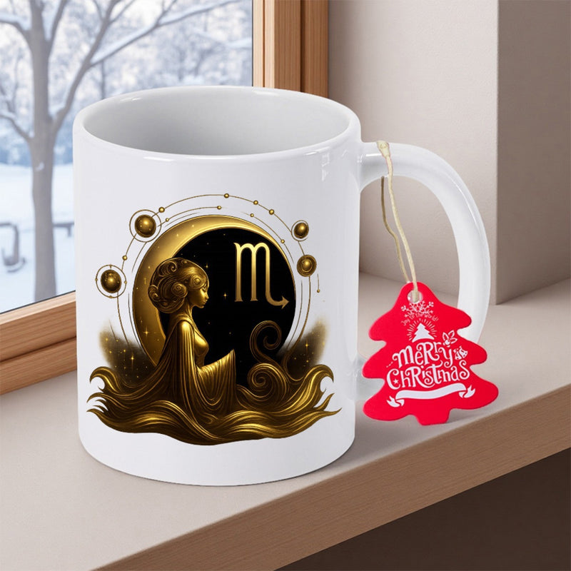 Tailorly White Ceramic 11 oz Mug - Merry Christmas Golden Celestial Lady Sitting Before A Crescent Moon Among Shining Stars Scorpio