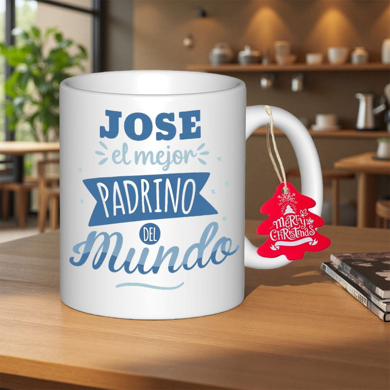 Tailorly White Ceramic 11 oz Mug - Merry Christmas Festive White Ceramic Vessel Featuring Artistic Blue Ribbon Text Mug
