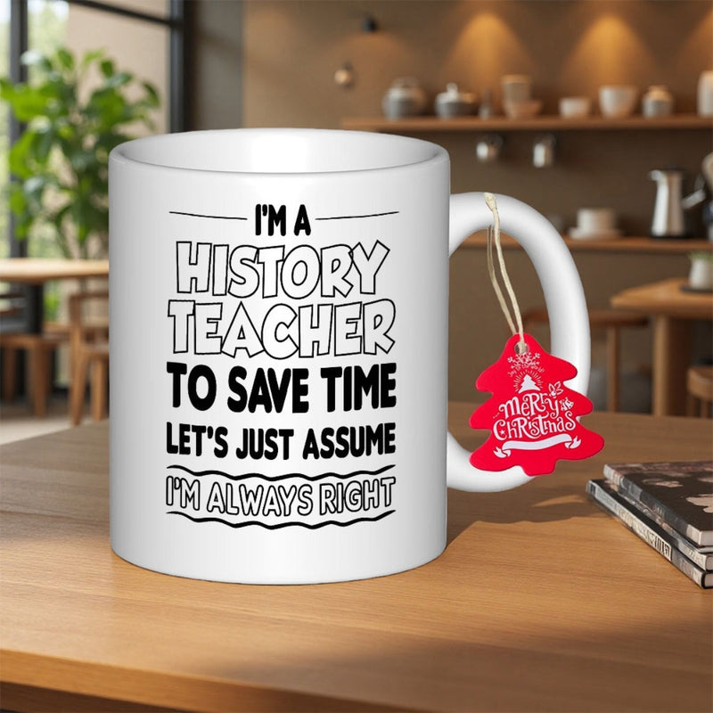 Tailorly White Ceramic 11 oz Mug - Im A History Teacher To Save Time Lets Just Assume Im Always Right Minimalist Modern Design With Bold Black Typography Lines Mug