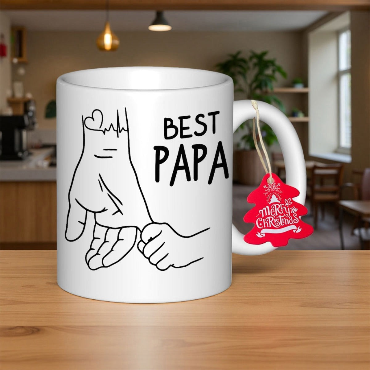 Tailorly White Ceramic 11 oz Mug - Best Papa Minimalist Black Line Art Drawing Showing Father And Child Holding Hand