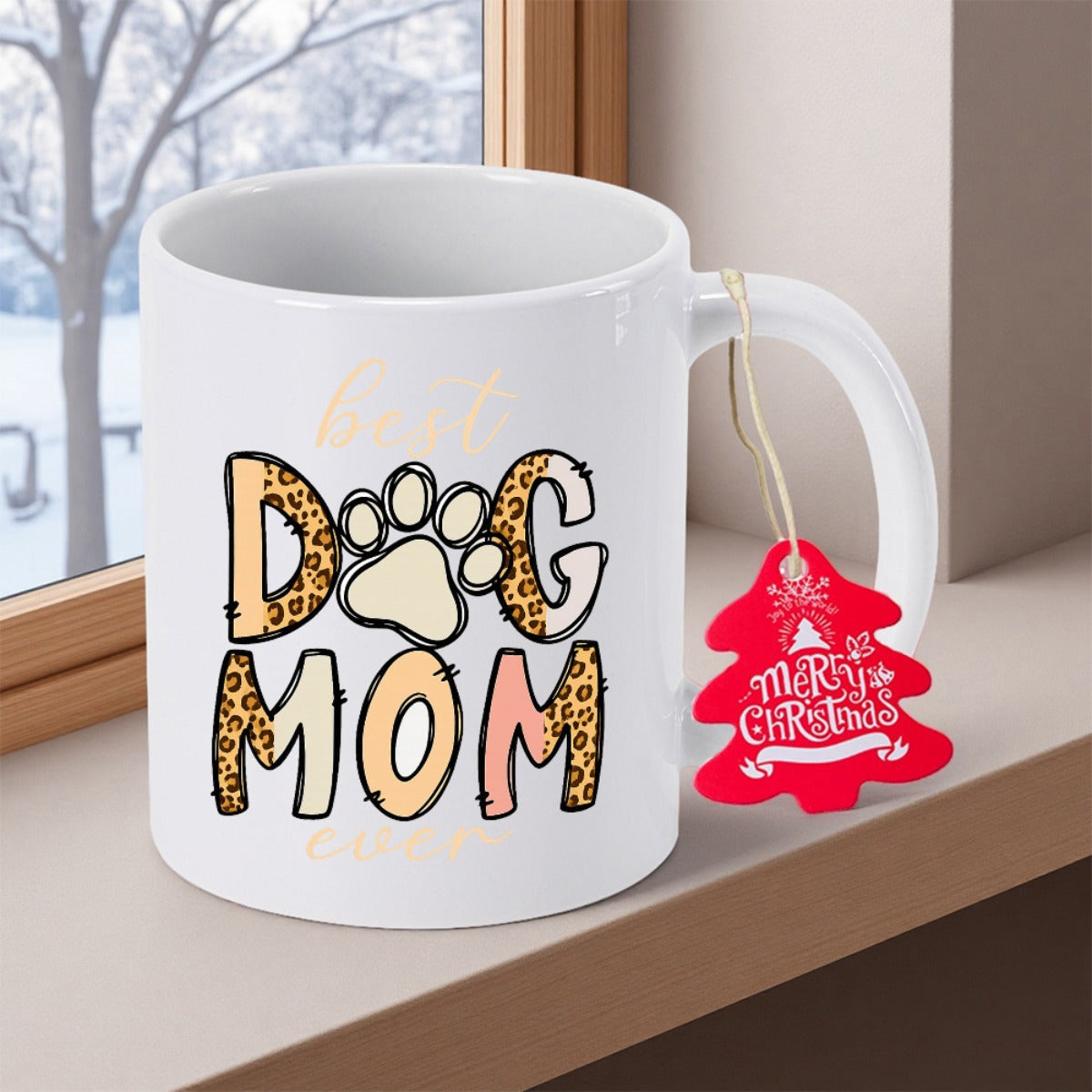 Tailorly White Ceramic 11 oz Mug - Best Dog Mom Ever Merry Christmas With Rustic Leopard Print Texture And Decorative Animal Paw Print Mug