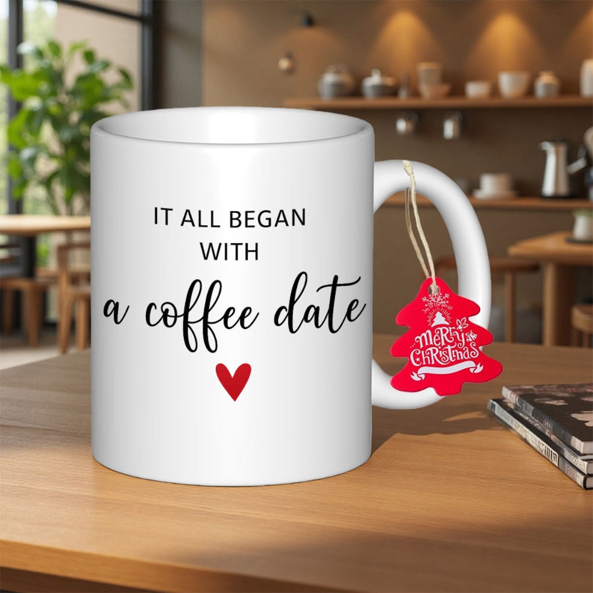 Tailorly White Ceramic 11 oz Mug - It All Began With A Coffee Date Elegant With A Small Red Heart Symbol Minimalist Style Mug