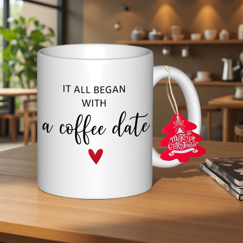 Tailorly White Ceramic 11 oz Mug - It All Began With A Coffee Date Elegant With A Small Red Heart Symbol Minimalist Style Mug