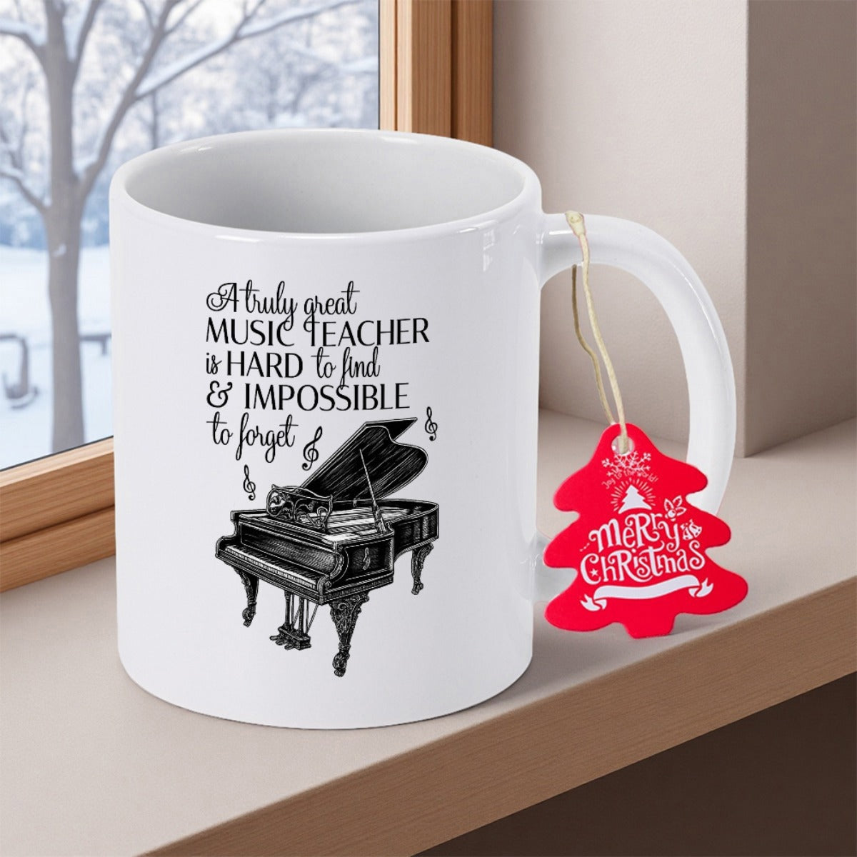 Tailorly White Ceramic 11 oz Mug - A Truly Great Music Teacher Is Hard To Find And Impossible To Forget Merry Christmas Classic Black Grand Piano With Musical