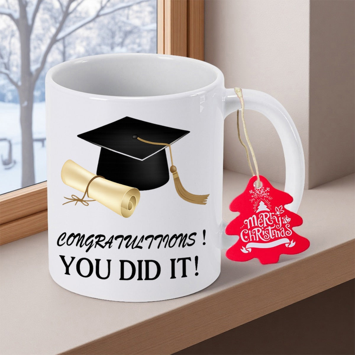 Tailorly White Ceramic 11 oz Mug - Congratulations You Did It Classic Black Graduation Cap With A Golden Tassel And Tied Diploma Cap