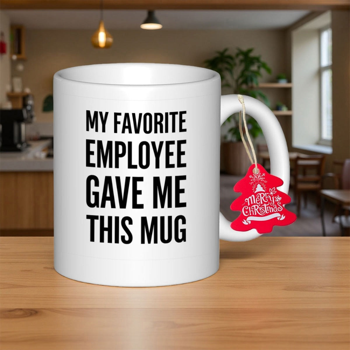 Tailorly White Ceramic 11 oz Mug - My Favorite Employee Gave Me This Mug Merry Christmas Minimalist With Bold Black Vertical Lettering Mug
