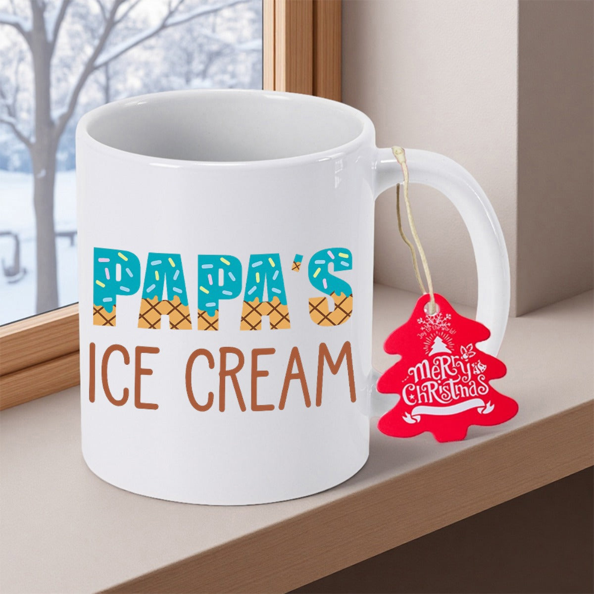 Tailorly White Ceramic 11 oz Mug - Papas Ice Cream Waffle Cone Patterned Text With Sprinkles On A Minimalist