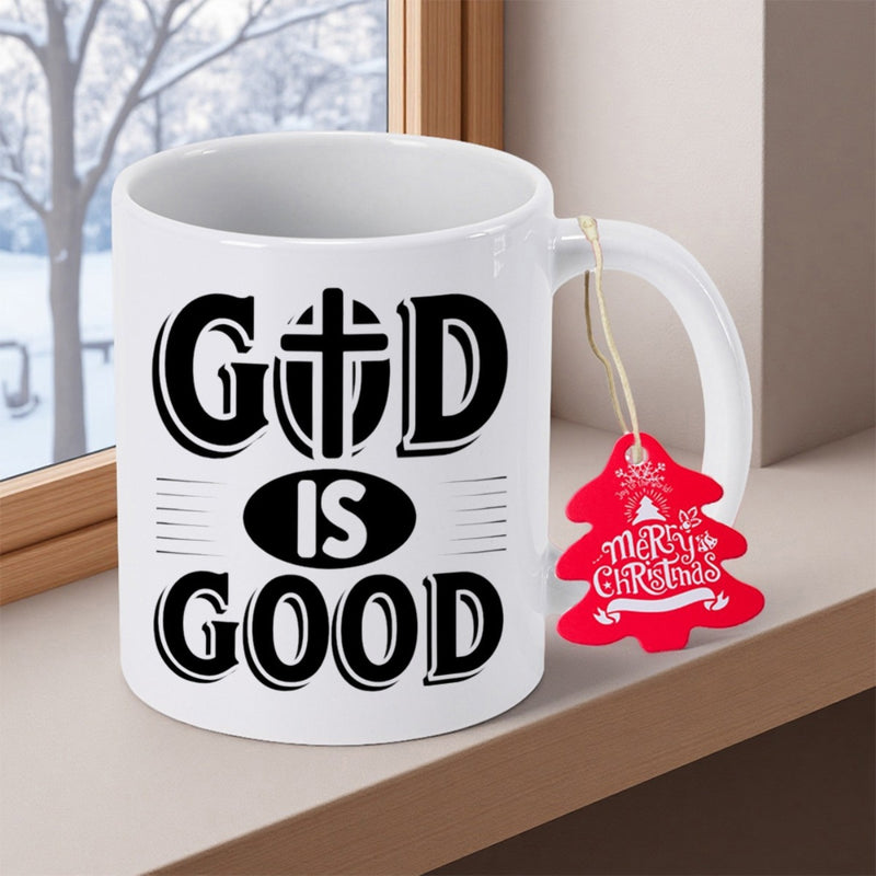 Tailorly White Ceramic 11 oz Mug - God Is Good Bold Black Typography Featuring A Sacred Cross Symbol With Minimalist Decorative Lines Cross