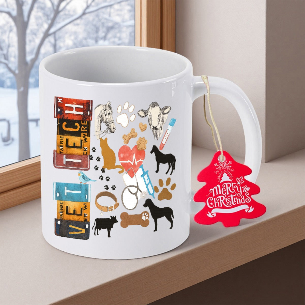 Tailorly White Ceramic 11 oz Mug - Vet Tech Featuring Diverse Animal Silhouettes With Veterinary Medical Icons And Bones Graphic