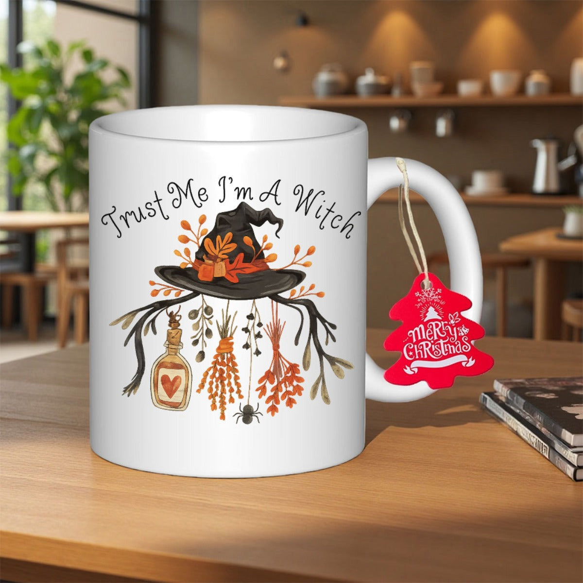 Tailorly White Ceramic 11 oz Mug - Trust Me Im A Witch Decorative Black Pointy Hat Among Autumn Foliage And Hanging Potion Herbs Witch Hat