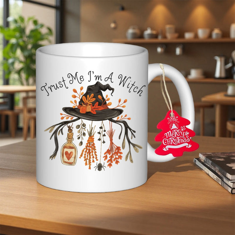 Tailorly White Ceramic 11 oz Mug - Trust Me Im A Witch Decorative Black Pointy Hat Among Autumn Foliage And Hanging Potion Herbs Witch Hat