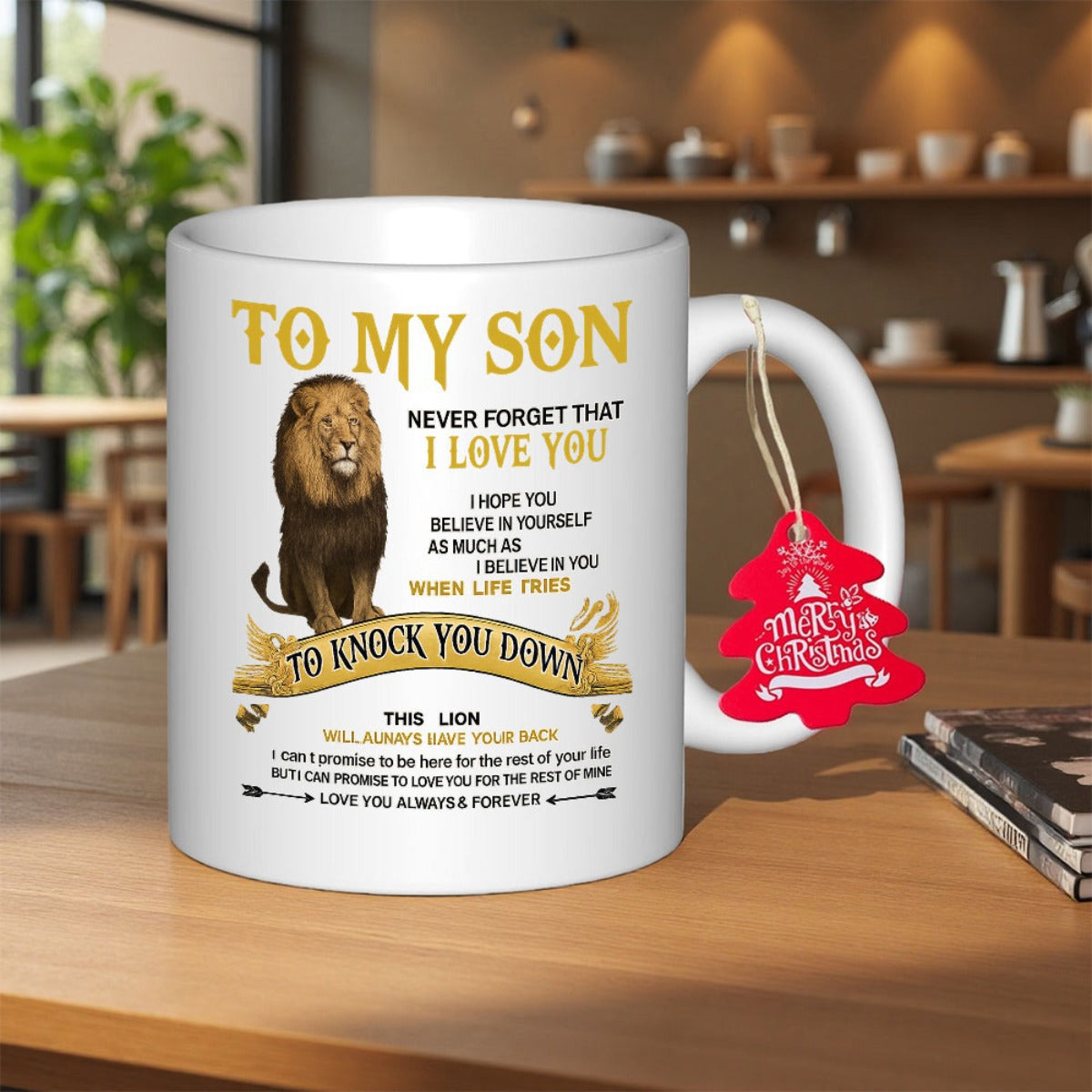 Tailorly White Ceramic 11 oz Mug - To My Son Never Forget That I Love You Majestic Seated Wild Animal With Full Mane And Decorative Golden Ribbons Lion