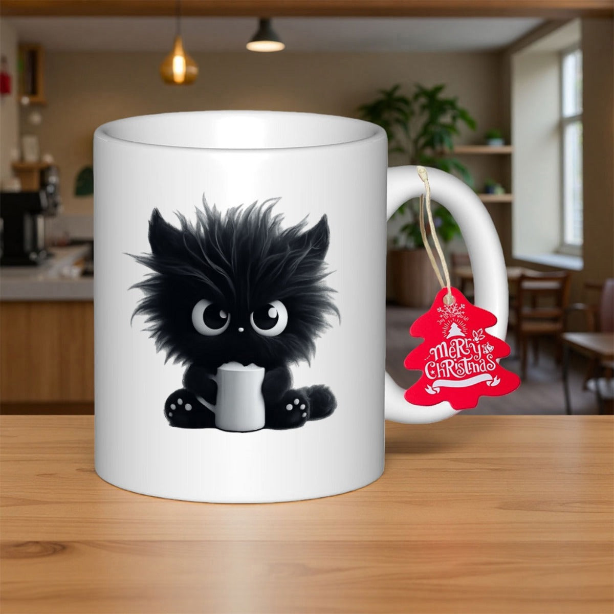 Tailorly White Ceramic 11 oz Mug - Merry Christmas Tiny Fluffy Black Creature Holding Small Sitting Softly Cat