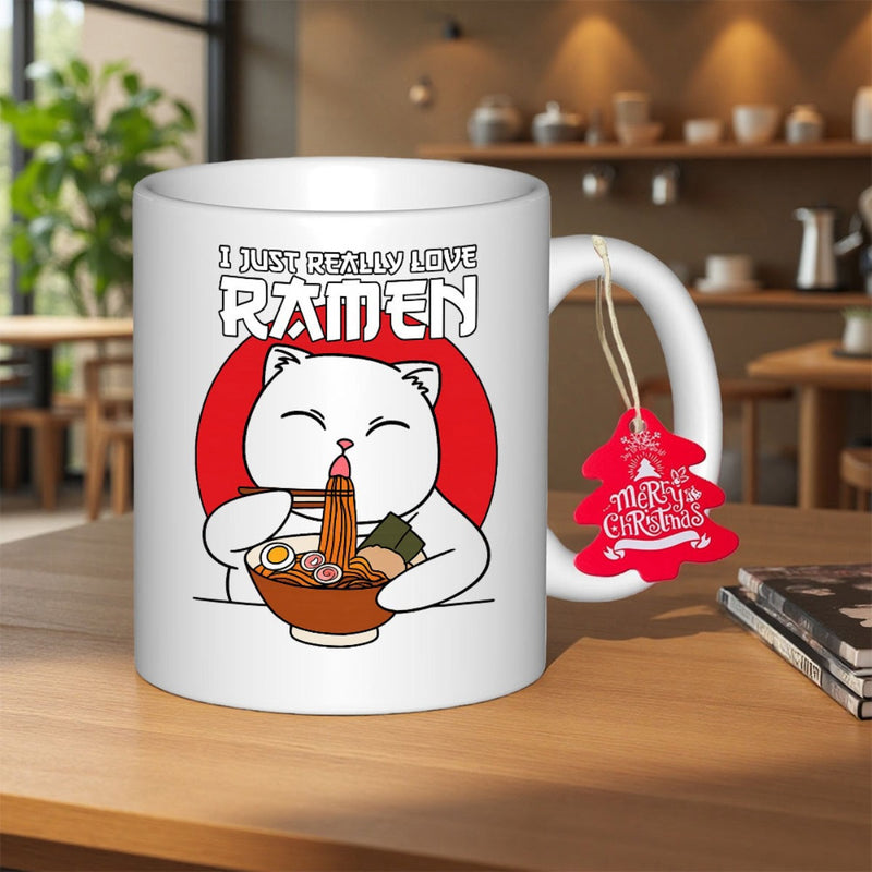Tailorly White Ceramic 11 oz Mug - I Just Really Love Ramen Adorable White Feline Enjoying Steaming Bowl Of Savory Traditional Japanese Ramen Cat