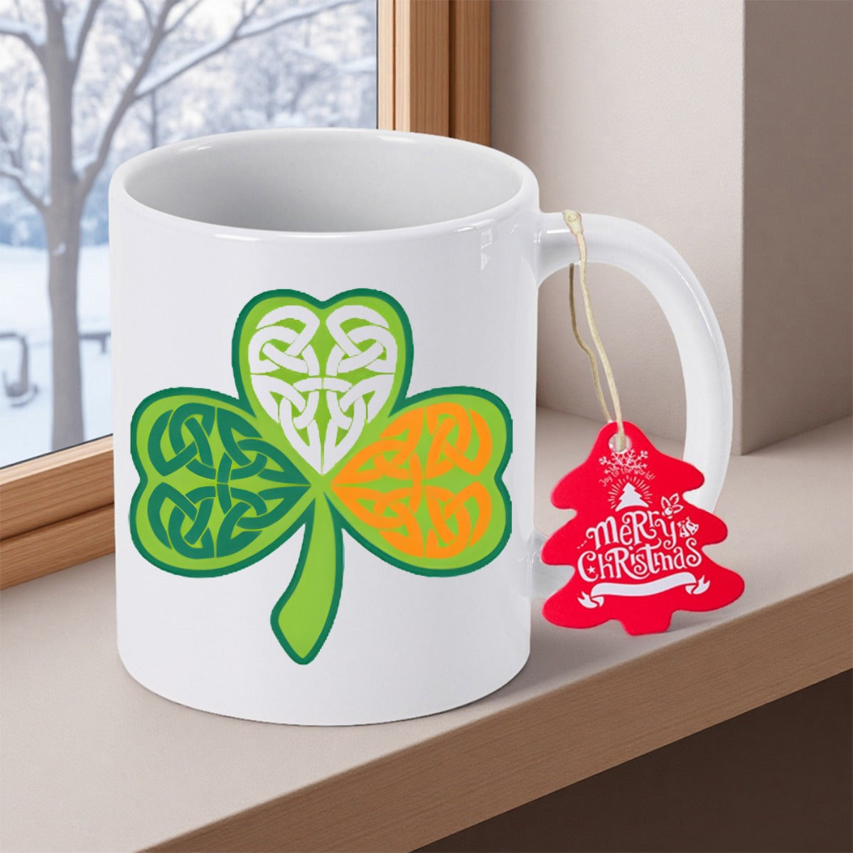 Tailorly White Ceramic 11 oz Mug - Merry Christmas Vibrant Three Leaf Clover Featuring Traditional Green And Orange Celtic Knot Patterns Shamrock