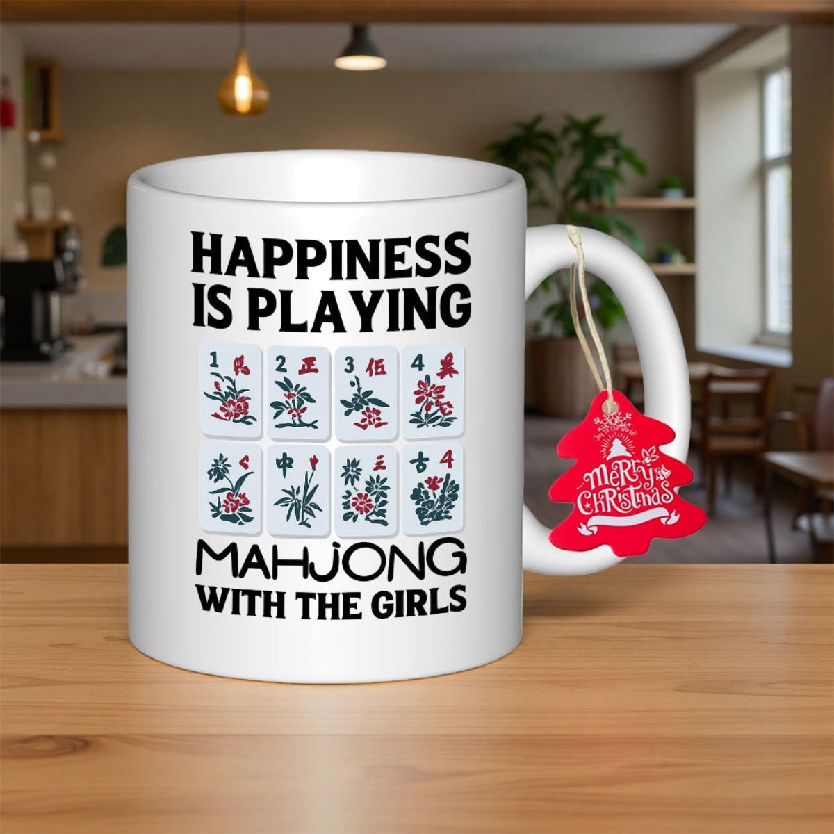 Tailorly White Ceramic 11 oz Mug - Happiness Is Playing Mahjong With The Girls Traditional Colorful Chinese Tiles With Elegant Flower Illustrations Mahjong