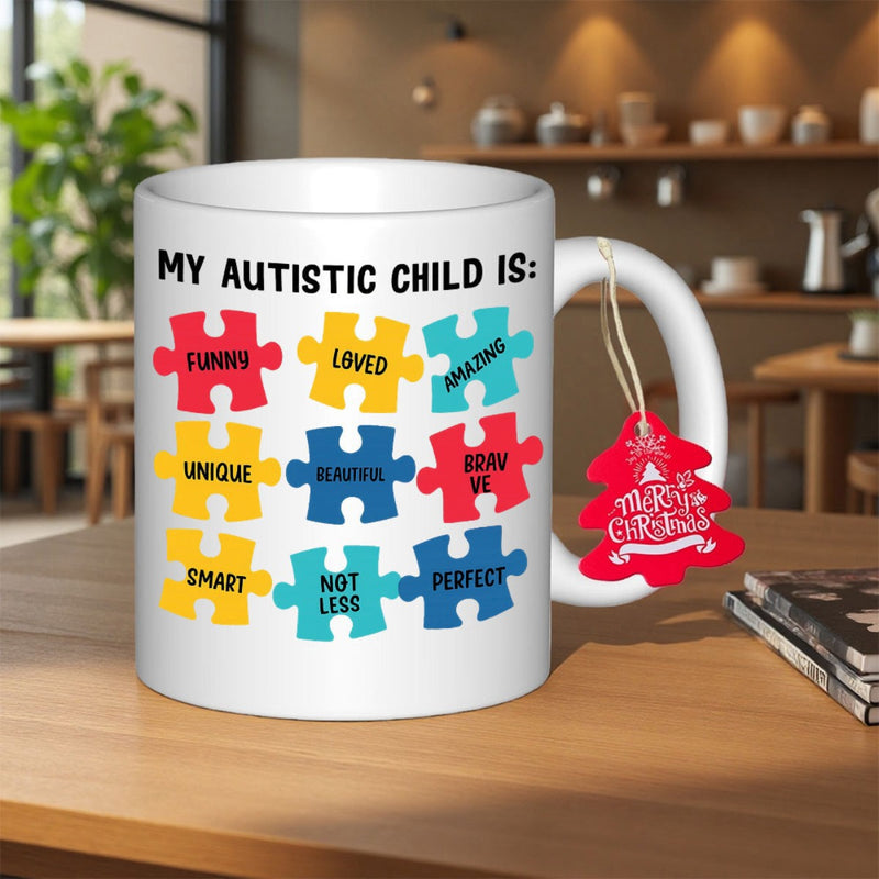 Tailorly White Ceramic 11 oz Mug - My Autistic Child Is Brightly Colored Interlocking Awareness Puzzle Pieces Arranged In A Grid Pattern Mug