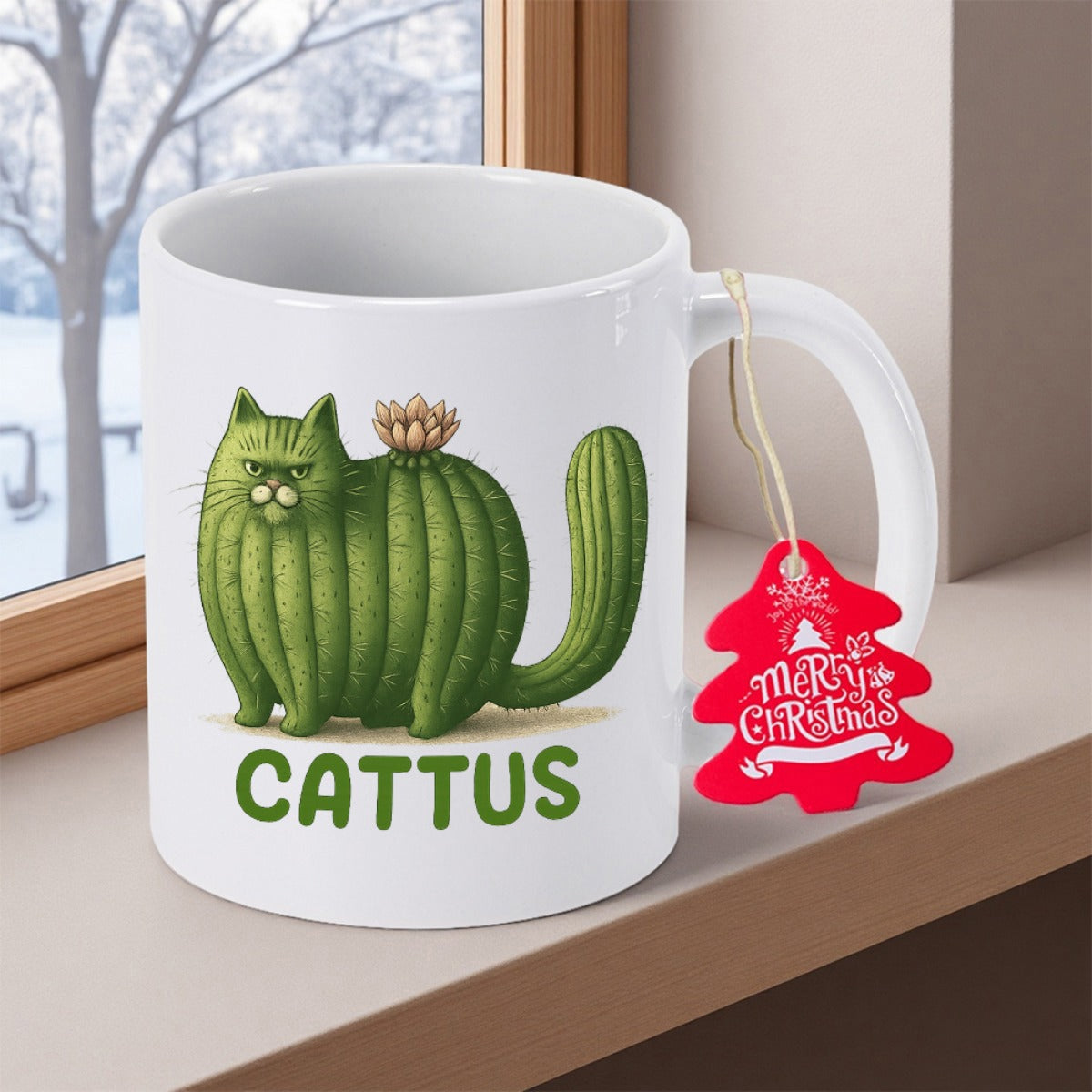 Tailorly White Ceramic 11 oz Mug - Cattus Merry Christmas Unique Green Plant Shaped Like A Grumpy Sitting Feline Cactus