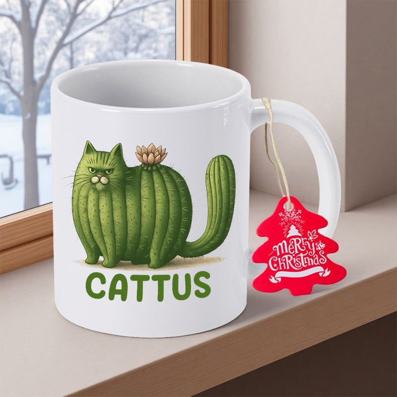 Tailorly White Ceramic 11 oz Mug - Cattus Merry Christmas Unique Green Plant Shaped Like A Grumpy Sitting Feline Cactus