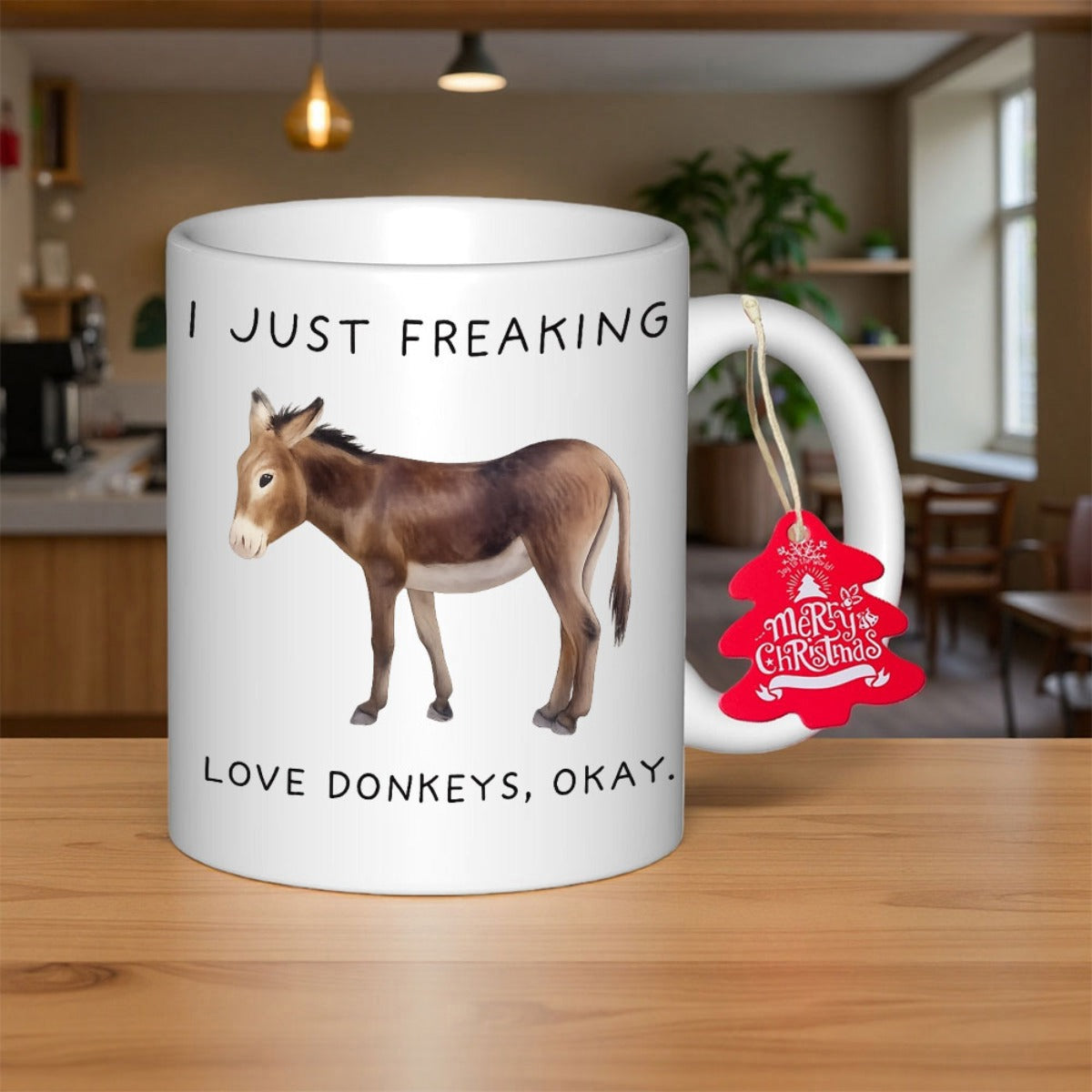 Tailorly White Ceramic 11 oz Mug - I Just Freaking Love Donkeys Okay Realistic Standing Brown Farm Animal Underneath Bold Playful Decorative Text Donkey