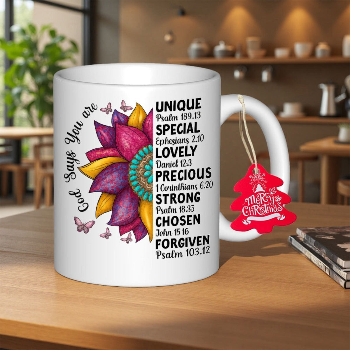Tailorly White Ceramic 11 oz Mug - God Says You Are Unique Special Lovely Precious Strong Chosen Forgiven Psalm Vibrant Multi Colored Petals Accompanied By