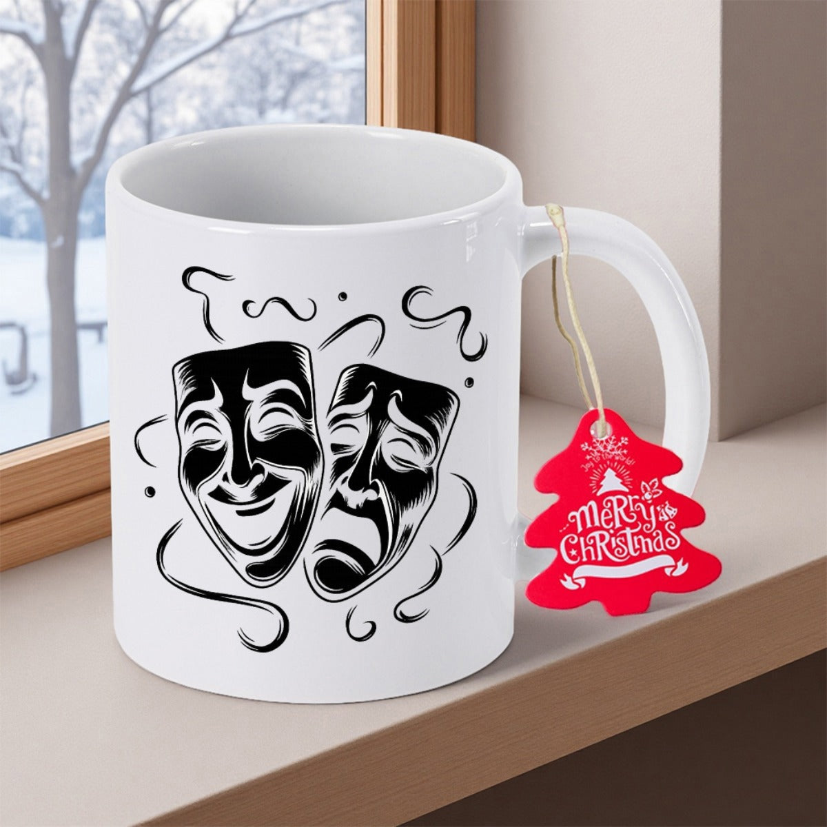 Tailorly White Ceramic 11 oz Mug - Merry Christmas Traditional Theater Comedy And Tragedy Faces Featuring Elegant Flowing Swirls Mask