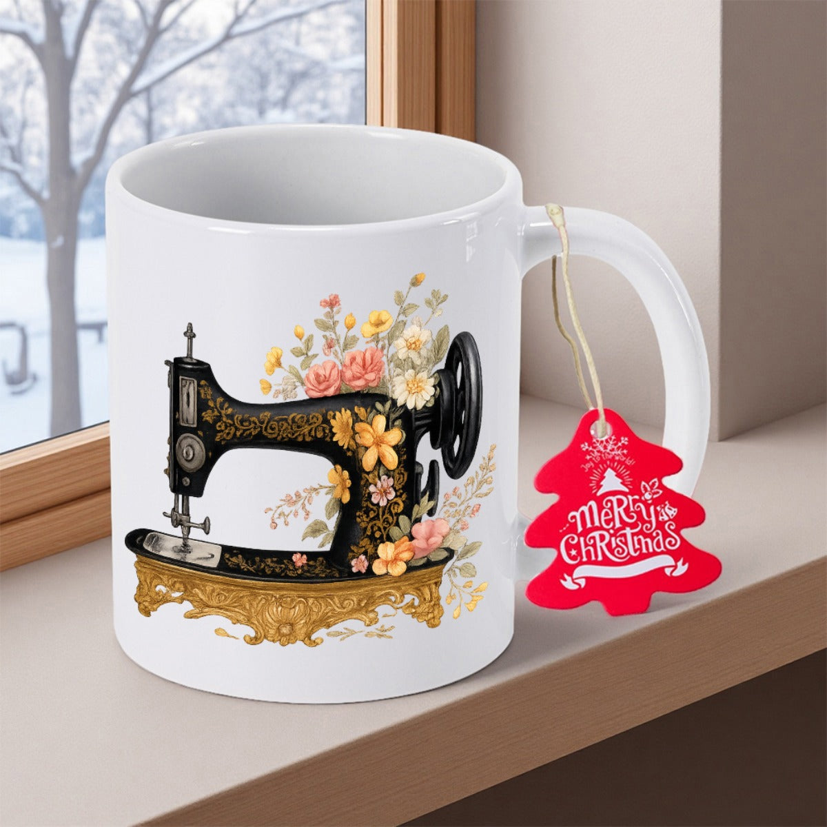 Tailorly White Ceramic 11 oz Mug - Merry Christmas Vintage Antique Black Tool Decorated With Blooming Colorful Flowers Sewing Machine