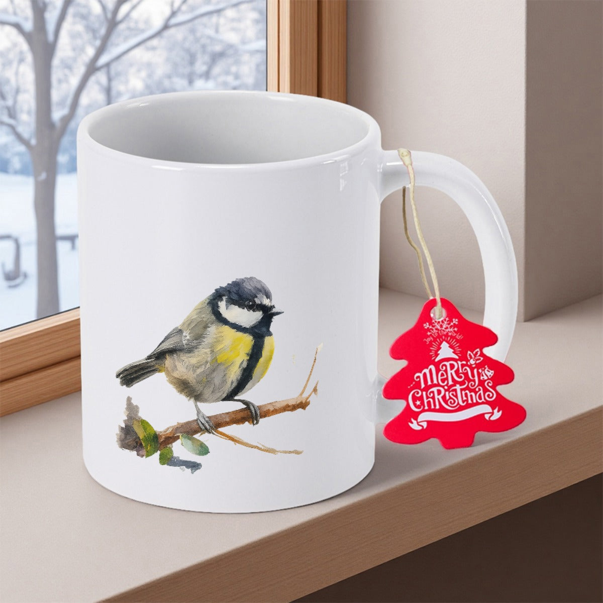 Tailorly White Ceramic 11 oz Mug - Merry Christmas Realistic Watercolor Style Perched On A Delicate Winter Branch Bird