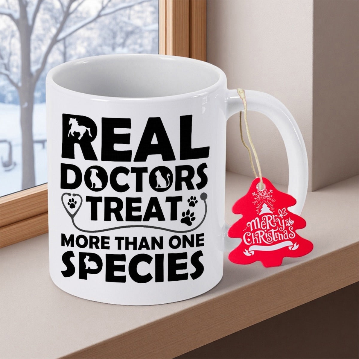 Tailorly White Ceramic 11 oz Mug - Real Doctors Treat More Than One Species Professional Veterinary Slogan With Animal Paw Prints Icons Stethoscope